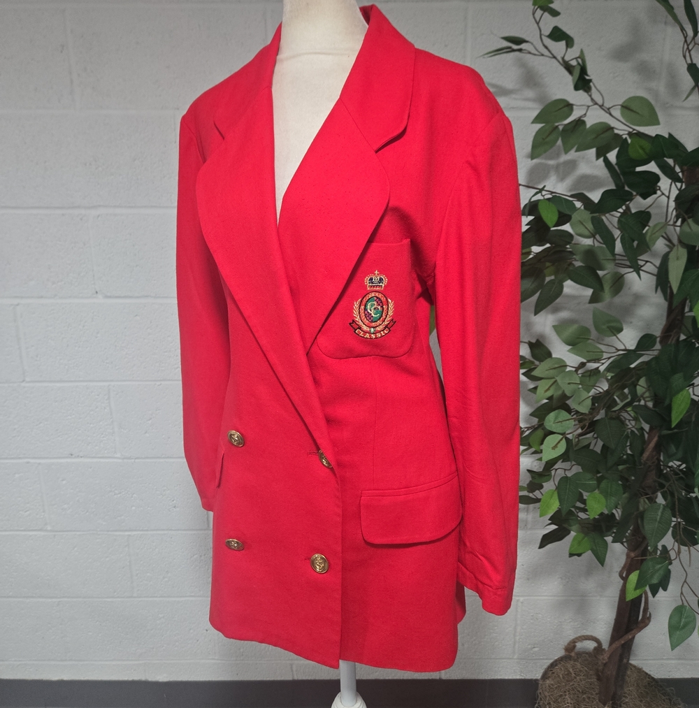 VTG 80s Embroidered Crest Silk Double Breasted Blazer Gold Naval Buttons Size 12